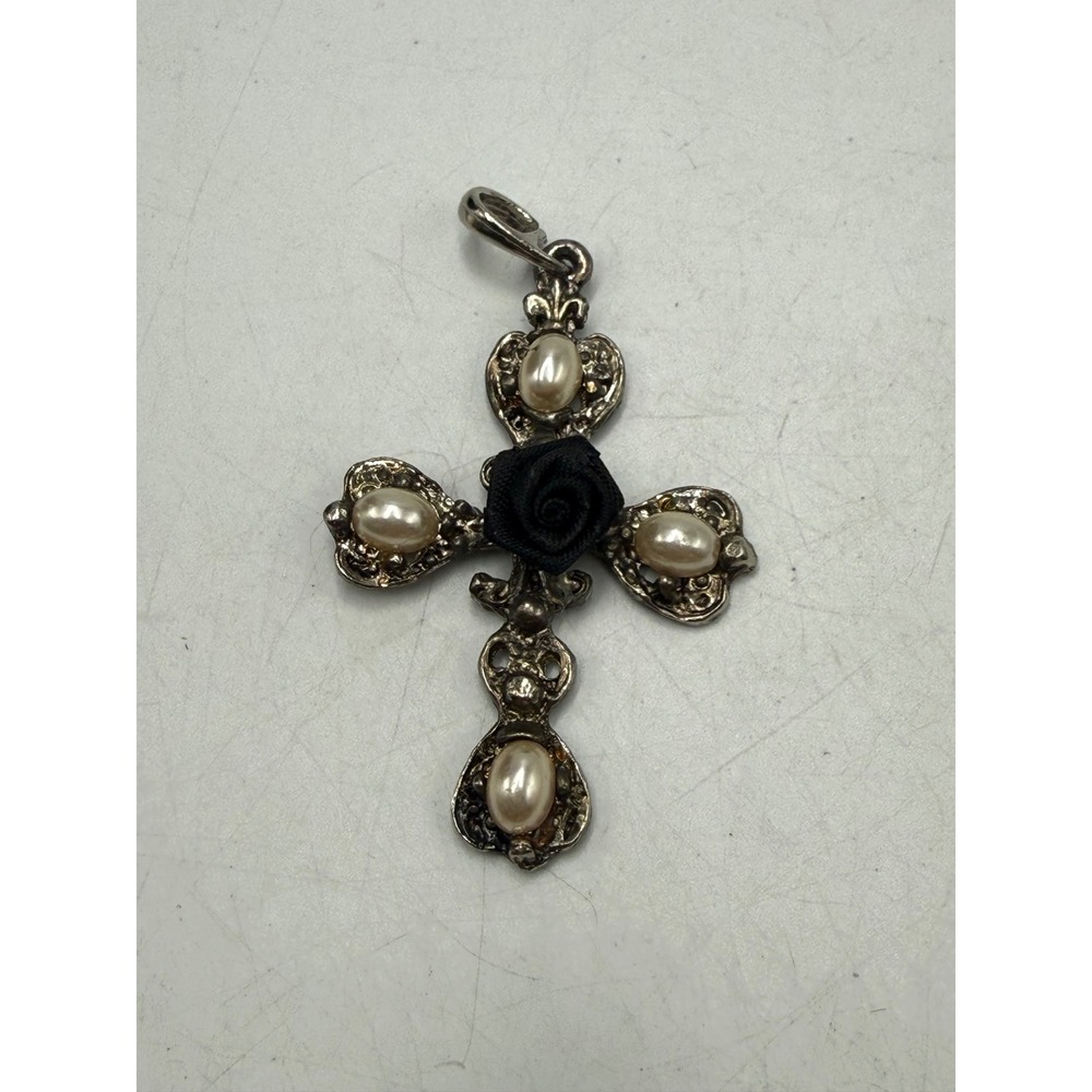 Vintage Gothic Cross Pendant Black Rose Faux Pearl Silver Tone Ornate Religious